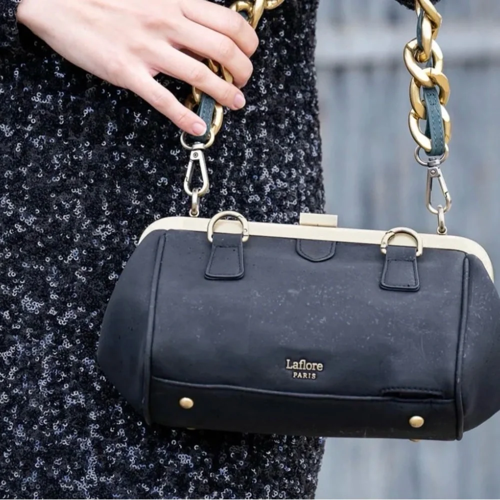 Laflore Paris Black cork/Leather Chain Bag with wallet - Picture 2 of 4